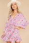 Printed V-neck Back Lace-Up Batwing Sleeve Mini Dress