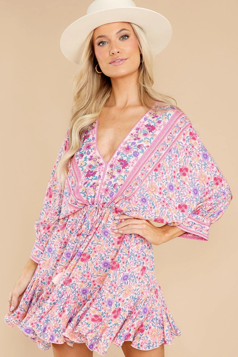Printed V-neck Back Lace-Up Batwing Sleeve Mini Dress
