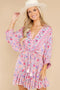 Printed V-neck Back Lace-Up Batwing Sleeve Mini Dress