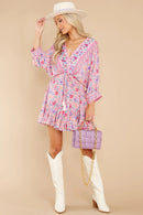 Printed V-neck Back Lace-Up Batwing Sleeve Mini Dress