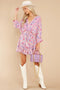 Printed V-neck Back Lace-Up Batwing Sleeve Mini Dress