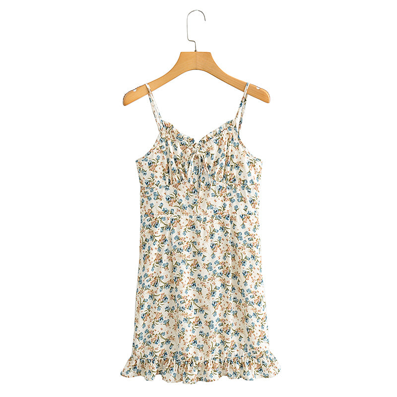 Suspender Printed Ruffled Tied Backless Mini Dress