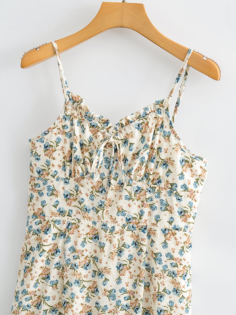 Suspender Printed Ruffled Tied Backless Mini Dress