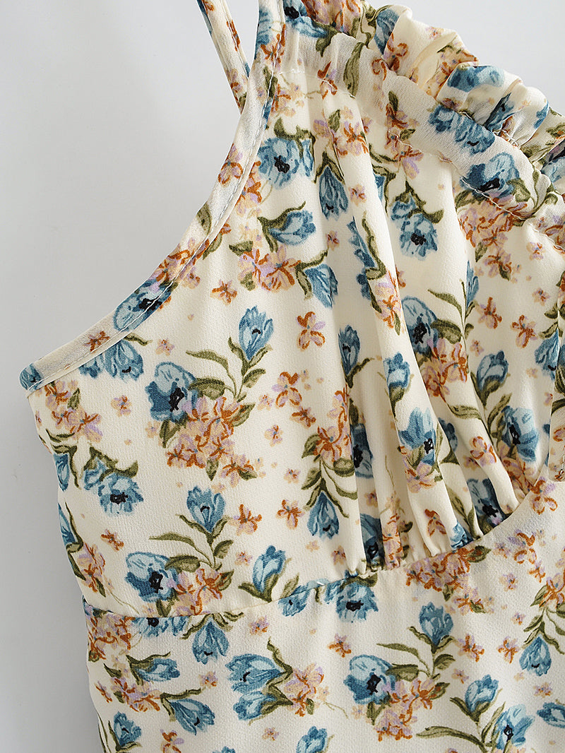 Suspender Printed Ruffled Tied Backless Mini Dress