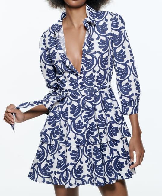 Printed Blue Mini sleeve Dress