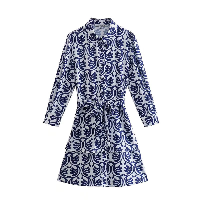 Printed Blue Mini sleeve Dress