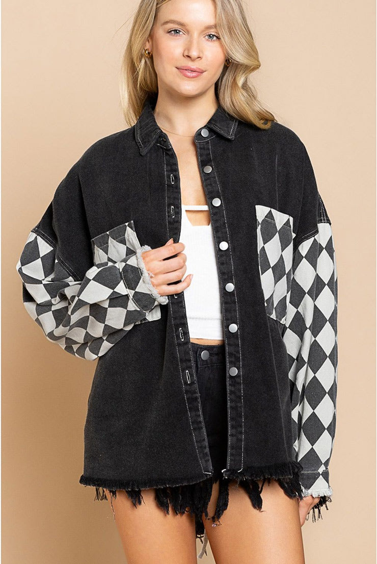 Chessboard Grid Stitched Baggy Casual Jacket