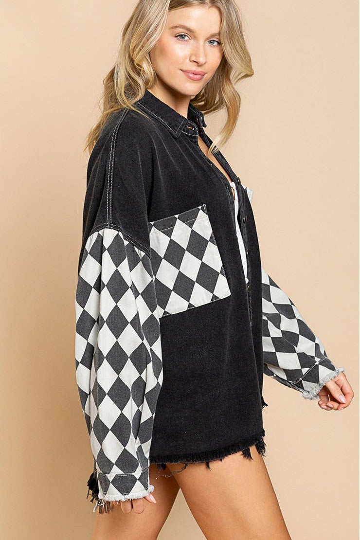 Chessboard Grid Stitched Baggy Casual Jacket