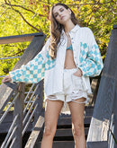 Chessboard Grid Stitched Baggy Casual Jacket