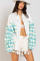 Chessboard Grid Stitched Baggy Casual Jacket