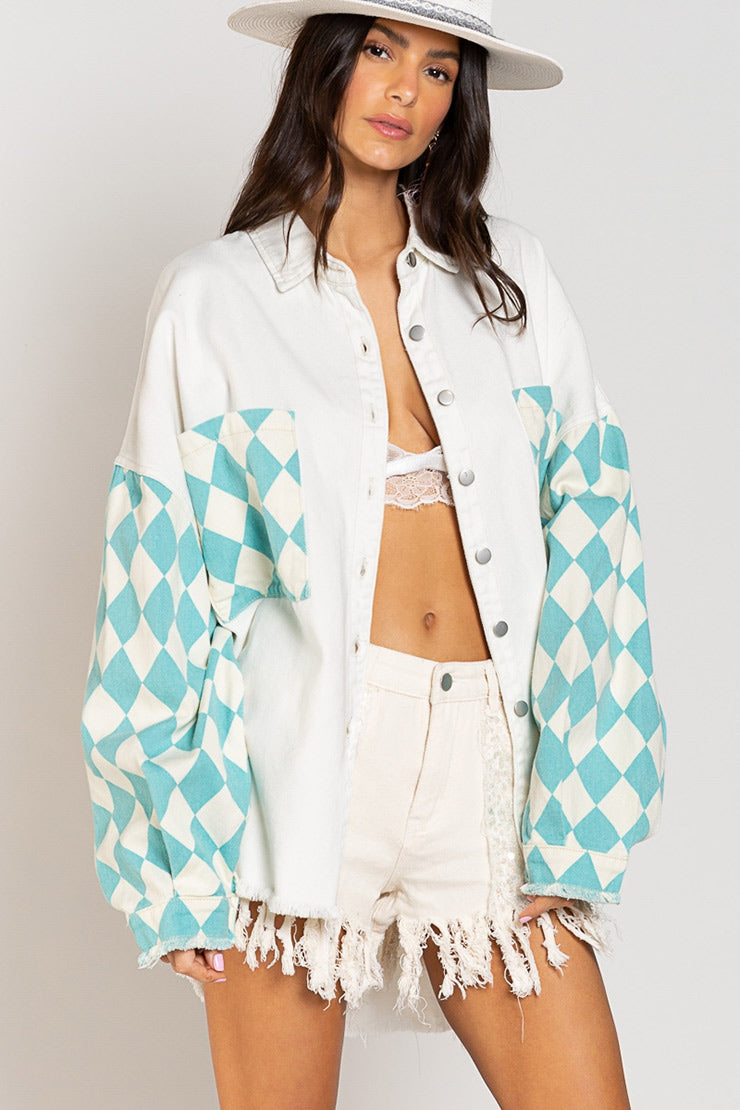 Chessboard Grid Stitched Baggy Casual Jacket