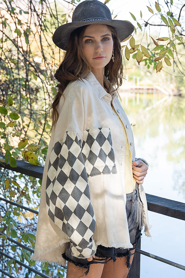 Chessboard Grid Stitched Baggy Casual Jacket