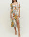 Summer New French Small Floral Square Collar Split Dress Puff Sleeve Midi Dress