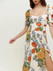 Summer New French Small Floral Square Collar Split Dress Puff Sleeve Midi Dress
