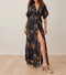 Women Vintage Printed Half Sleeve Slim Sarong Dress Summer V-neck High Waist Elegant Dress