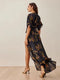 Women Vintage Printed Half Sleeve Slim Sarong Dress Summer V-neck High Waist Elegant Dress