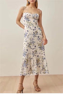 Floral Flounce Strap Dress Chiffon Sheath Fishtail Dress Mid-Length Dress