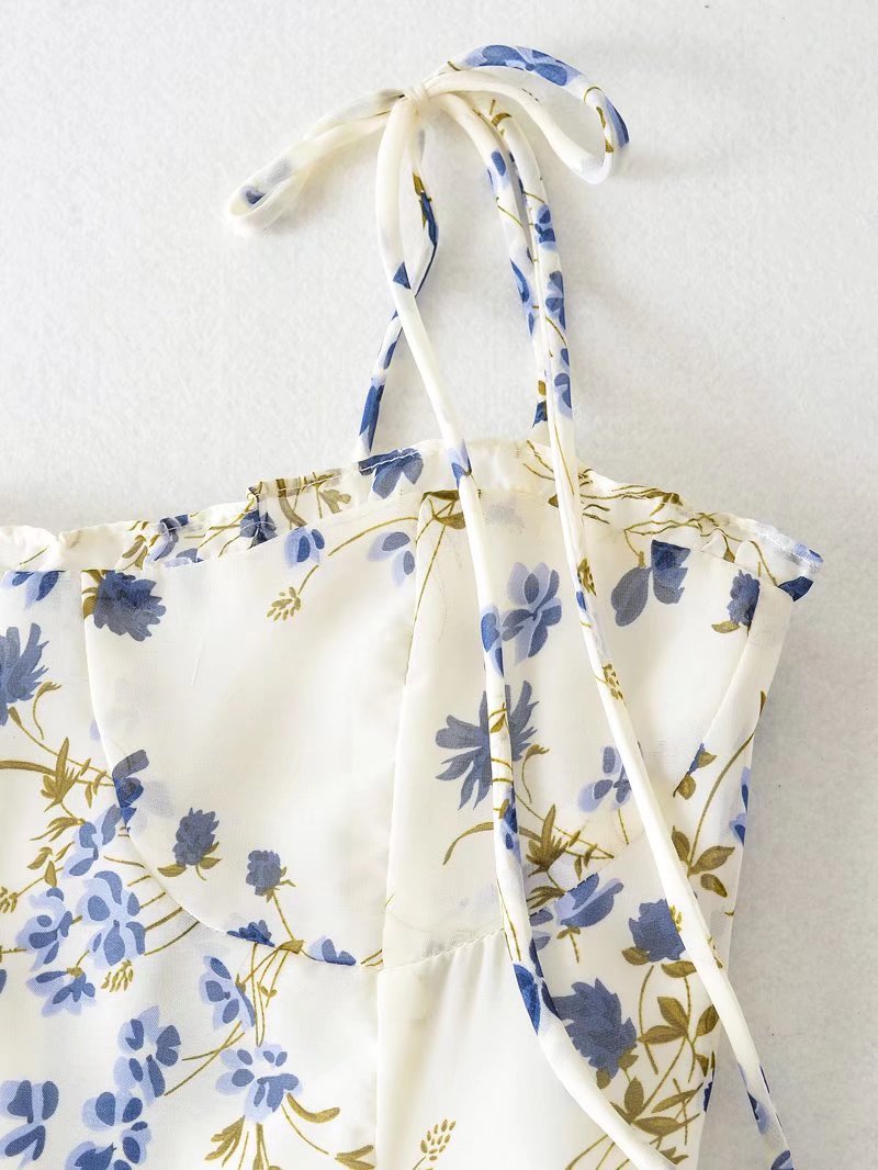 Floral Flounce Strap Dress Chiffon Sheath Fishtail Dress Mid-Length Dress