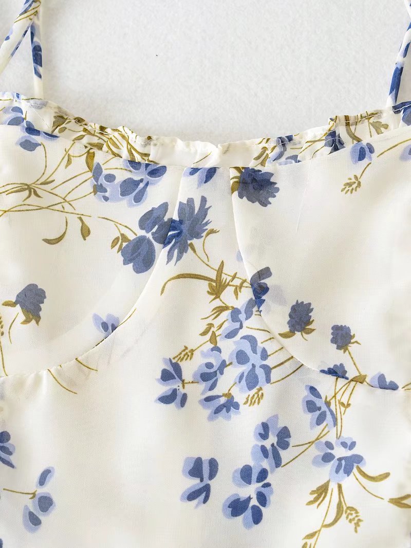 Floral Flounce Strap Dress Chiffon Sheath Fishtail Dress Mid-Length Dress