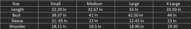 size chart for shacket jacket