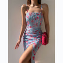 floral digital print off-Neck Strap Dress