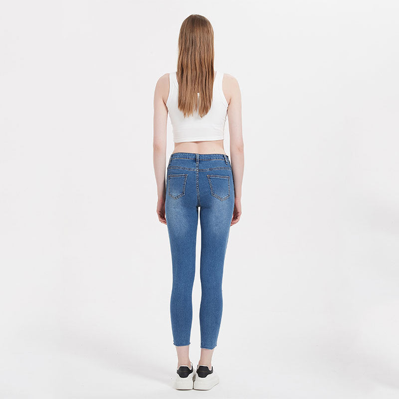 Elastic Ripped Denim Washed Skinny Hip Raise Jeans