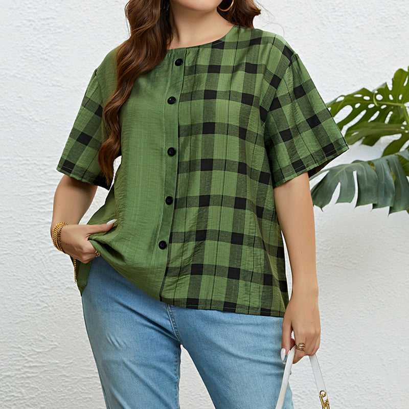 Green round Neck Plaid Loose Casual Top