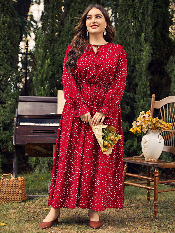 Plus Size Polka-Dot Long Sleeve Dress