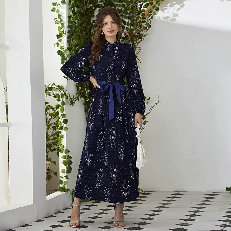 Round Neck High Waist Ribbon Long Sleeve Maxi Dress