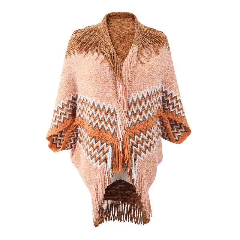 Knitted Cape and Shawl Tassel Sweater