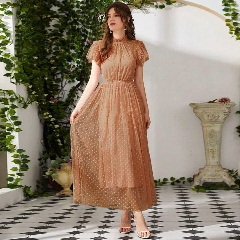 Casual Short Sleeve Stitching Mesh Maxi Dress