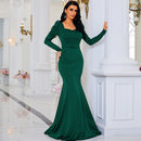U Neck Long Sleeved Elegant Slim Fit Long Solid Color Cocktail Evening Dress