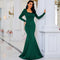 U Neck Long Sleeved Elegant Slim Fit Long Solid Color Cocktail Evening Dress