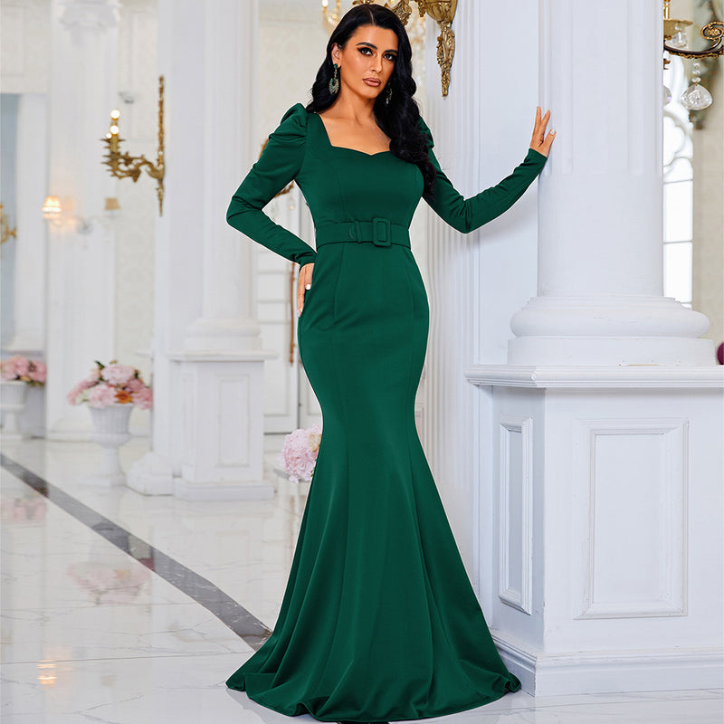 U Neck Long Sleeved Elegant Slim Fit Long Solid Color Cocktail Evening Dress