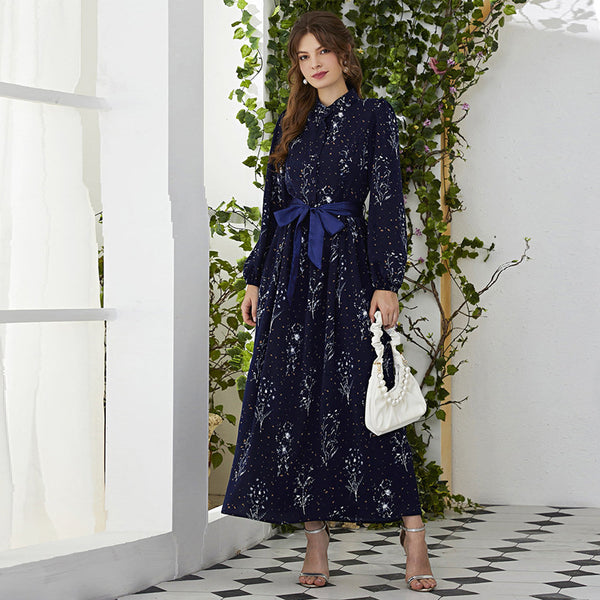 Round Neck High Waist Ribbon Long Sleeve Maxi Dress