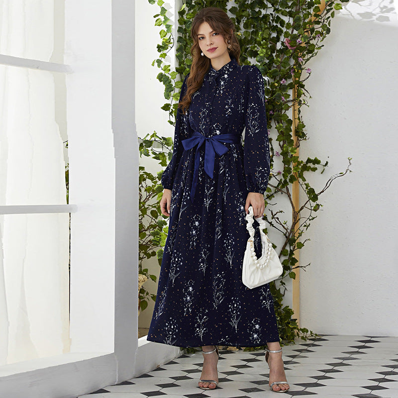 Round Neck High Waist Ribbon Long Sleeve Maxi Dress