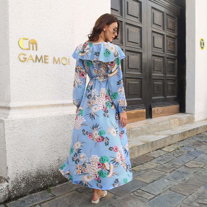 Ruffled Collar Long Sleeve Floral Dress