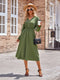 Buttoned Smocked V-Neck Midi A-Line Dress