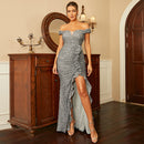 Sleeveless Long Sequined Off-Neck Backless Evening Dress