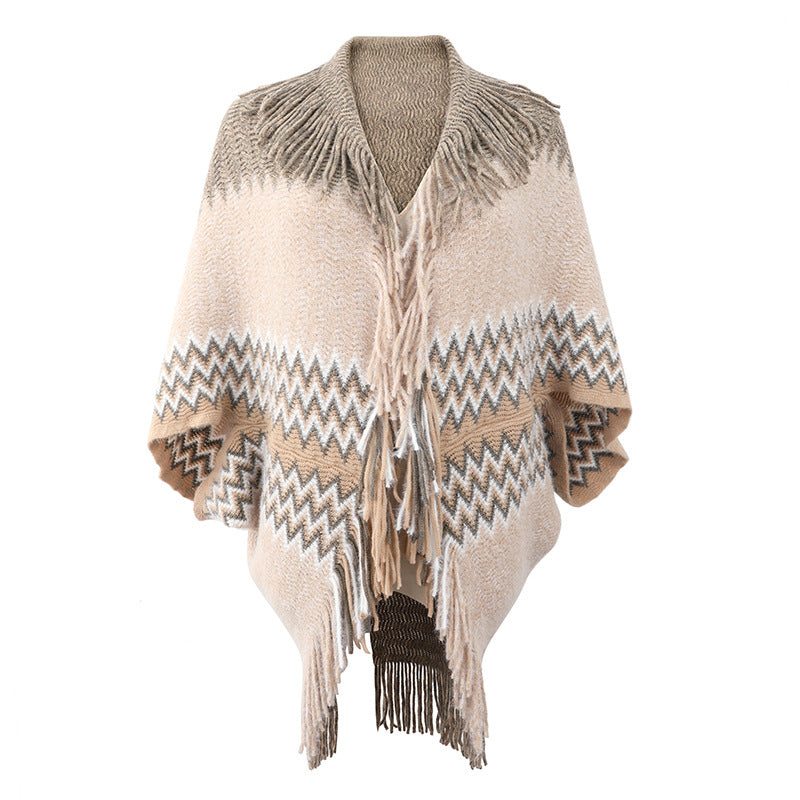 Knitted Cape and Shawl Tassel Sweater