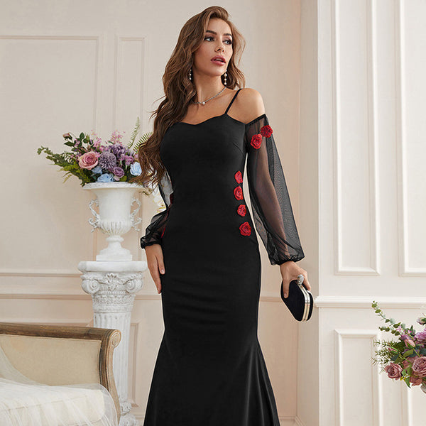 Sheath Off Shoulder Long Sleeve Embroidered Maxi Dress