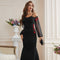 Sheath Off Shoulder Long Sleeve Embroidered Maxi Dress