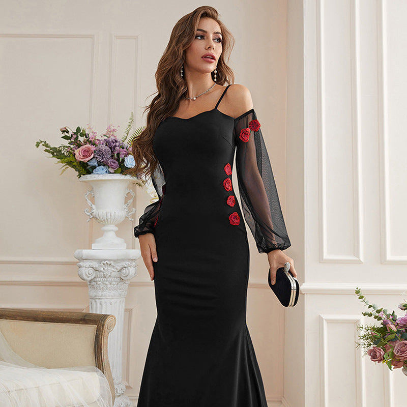 Sheath Off Shoulder Long Sleeve Embroidered Maxi Dress