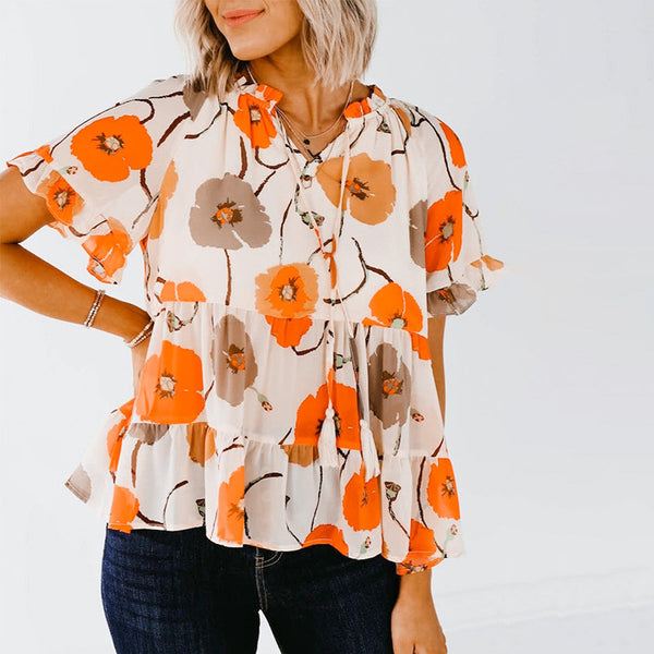 Plant Floral Printed Short Sleeved Chiffon Shirt