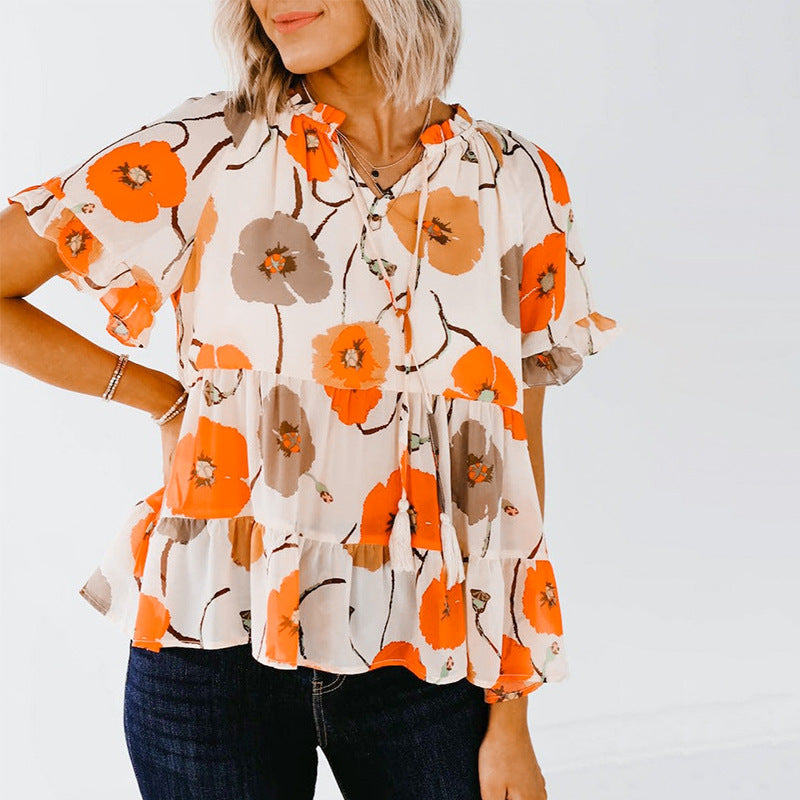 Plant Floral Printed Short Sleeved Chiffon Shirt