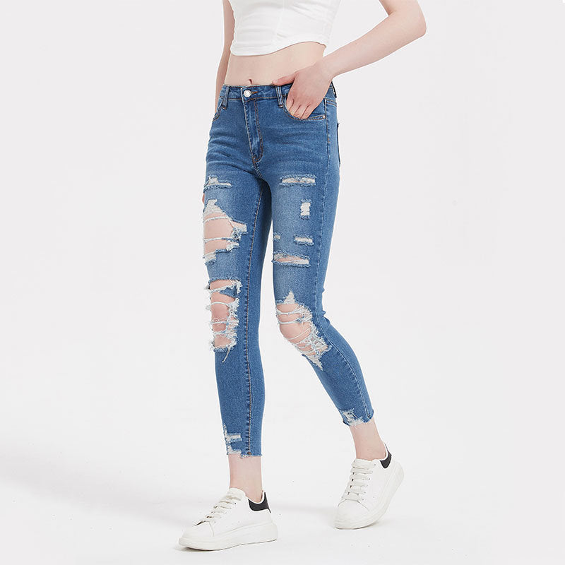 Elastic Ripped Denim Washed Skinny Hip Raise Jeans