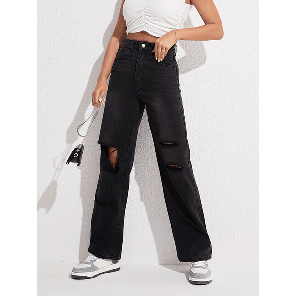 Black Ripped Straight Casual Street Style Denim Jeans