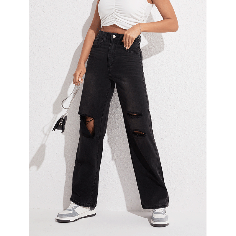 Black Ripped Straight Casual Street Style Denim Jeans