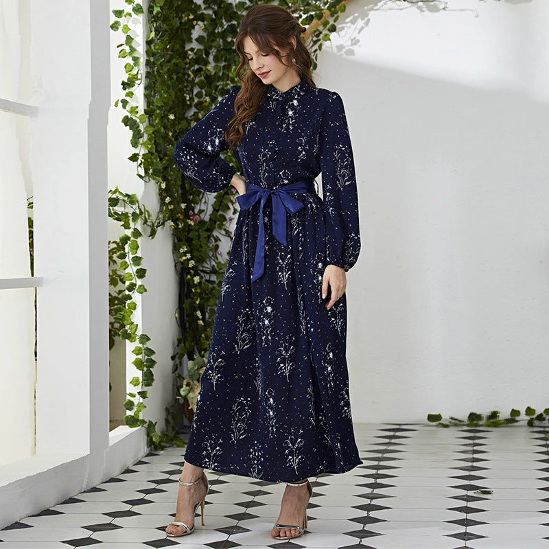 Round Neck High Waist Ribbon Long Sleeve Maxi Dress