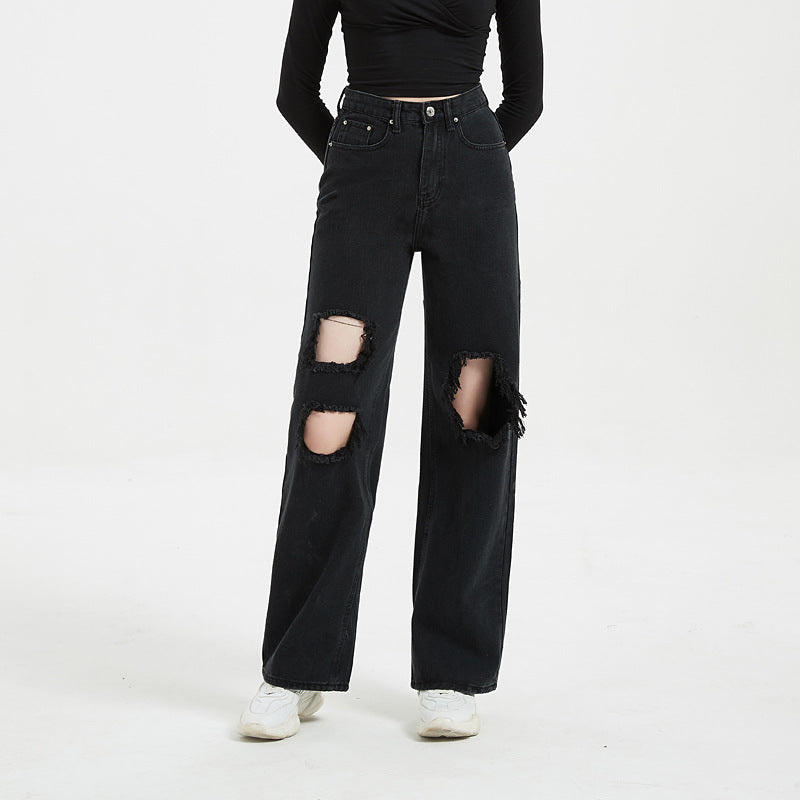 Black High Waist Ripped Straight Jeans